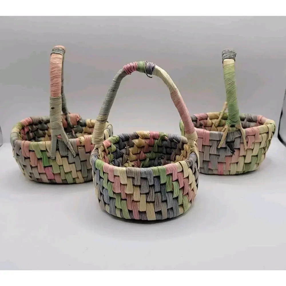 Lot Of 3 Department 56 Pastel Raffia Woven Miniature Spring Easter Baskets Decor